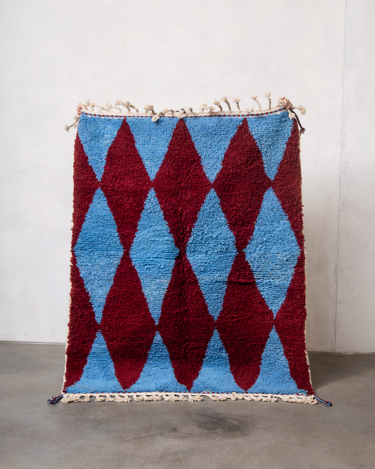 Modern, designer, handcrafted Berber rug from Morocco. Beniourain carpet with beautiful colours and patterns and fluffy wool texture.